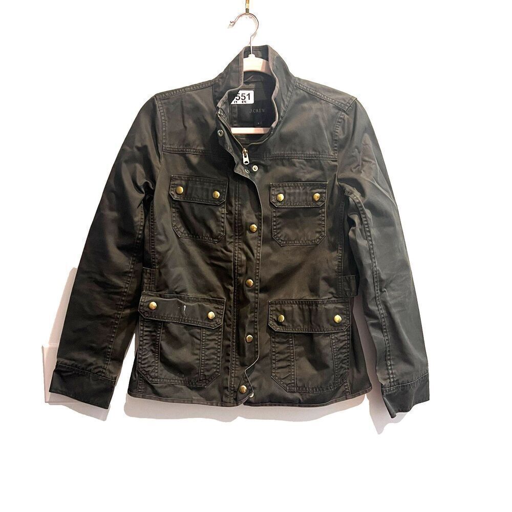 J Crew Womens Olive Military Jacket Sz S Downtown Field Waxed Cotton Long Sleeve